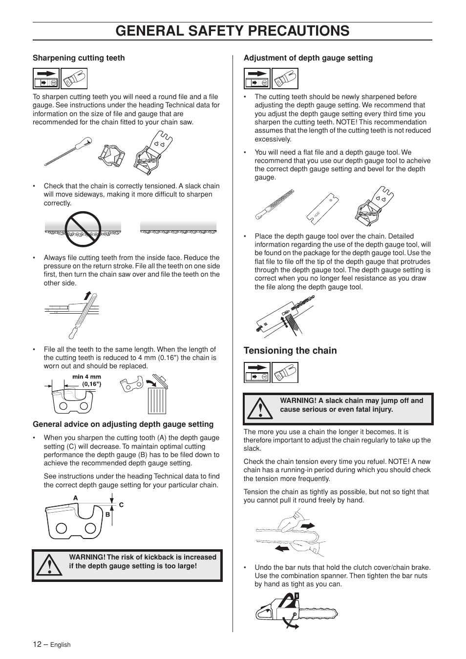 Tensioning the chain, General safety precautions | Husqvarna Rancher 55 User Manual | Page 12 / 40