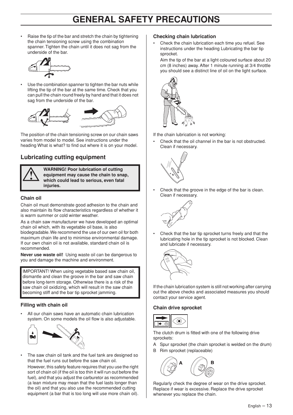 Lubricating cutting equipment, General safety precautions | Husqvarna Rancher 55 User Manual | Page 13 / 40