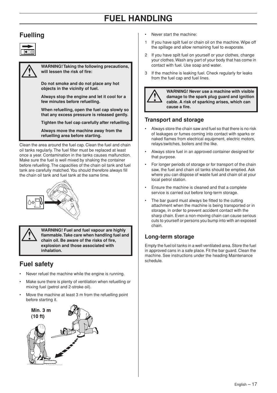 Fuelling, Fuel safety, Transport and storage | Long-term storage, Fuel handling | Husqvarna Rancher 55 User Manual | Page 17 / 40