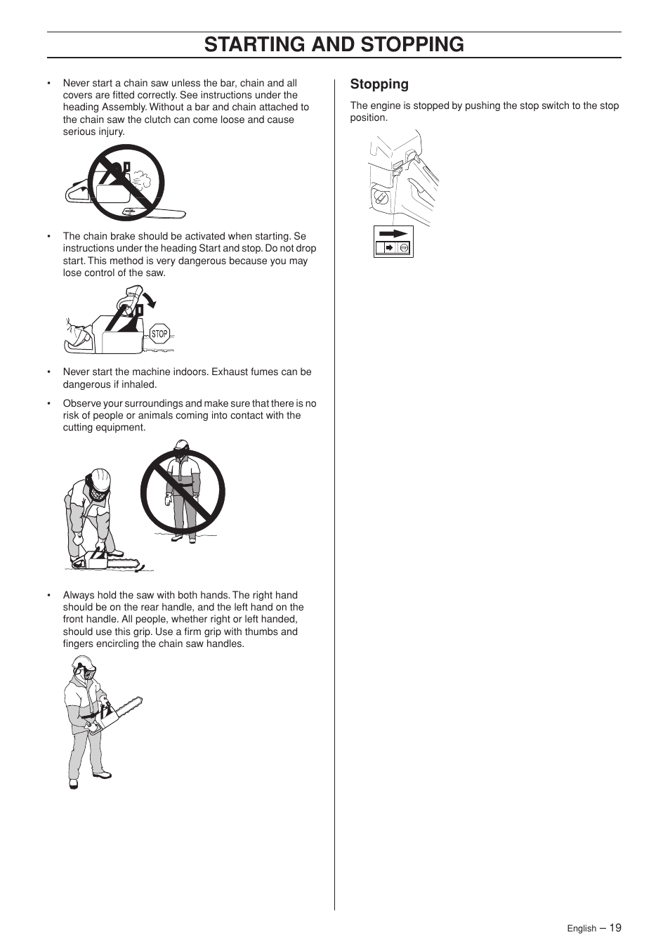 Stopping, Starting and stopping | Husqvarna Rancher 55 User Manual | Page 19 / 40