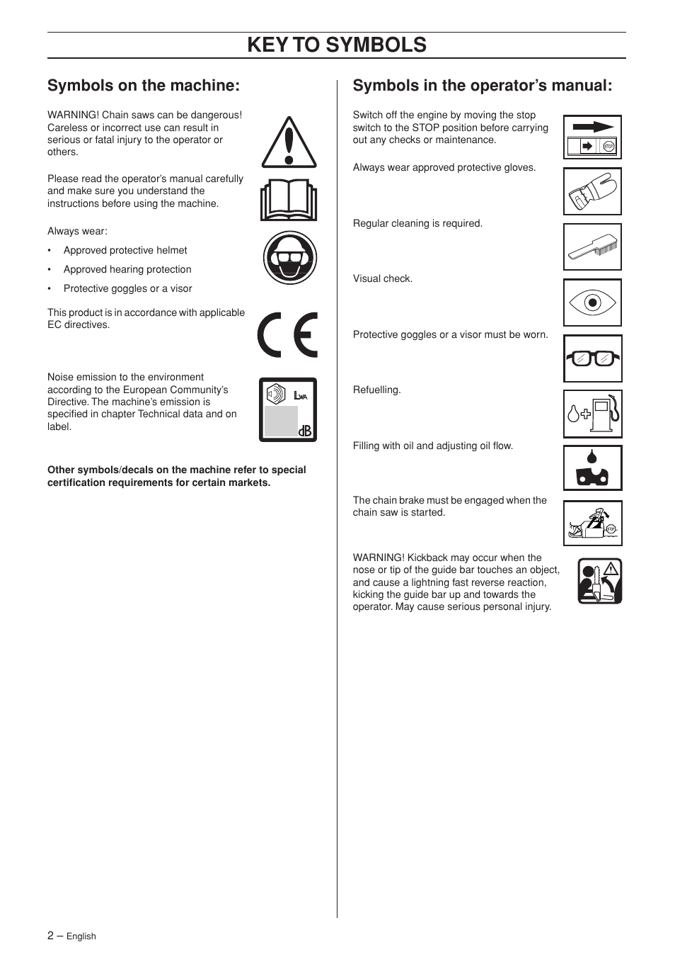 Symbols on the machine, Symbols in the operator’s manual, Key t o symbols | Symbols on the mac hine, Symbols in the operator’ s manual | Husqvarna Rancher 55 User Manual | Page 2 / 40