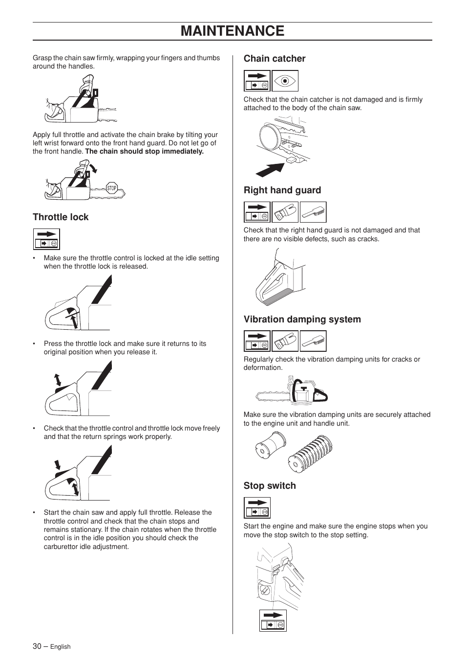 Throttle lock, Chain catcher, Right hand guard | Vibration damping system, Stop switch, Maintenance | Husqvarna Rancher 55 User Manual | Page 30 / 40