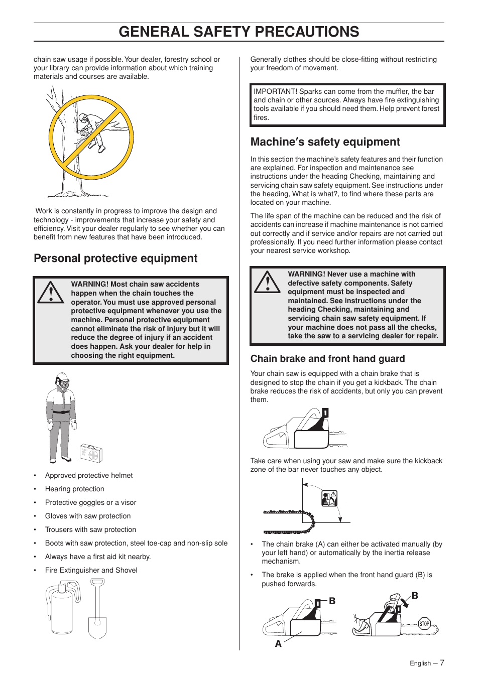 Personal protective equipment, Machine¢s safety equipment, Chain brake and front hand guard | General safety preca utions, P ersonal protective equipment, Mac hine ′′′′ s safety equipment | Husqvarna Rancher 55 User Manual | Page 7 / 40
