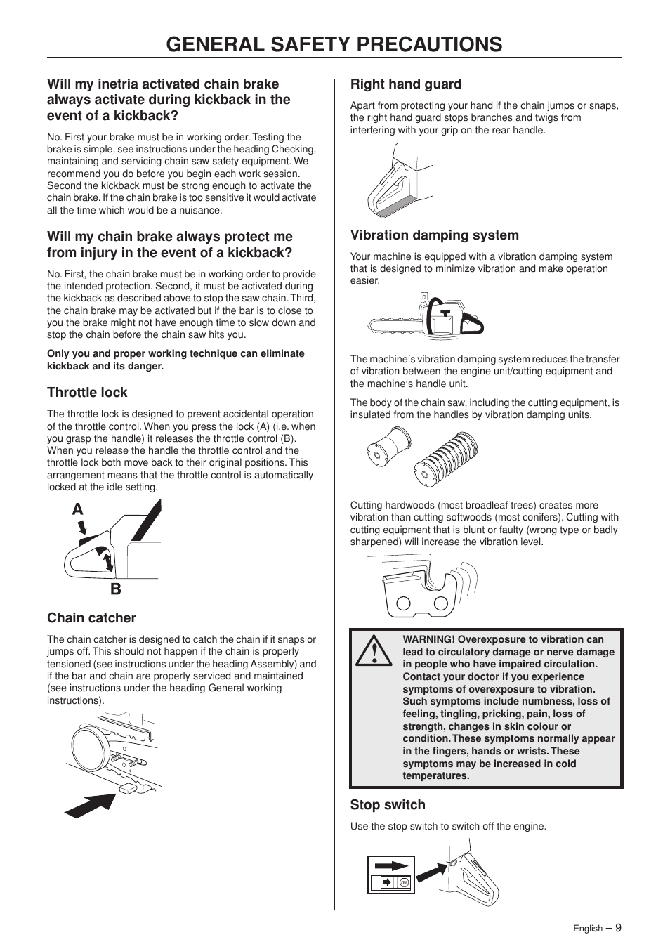 Throttle lock, Chain catcher, Right hand guard | Vibration damping system, Stop switch, General safety preca utions | Husqvarna Rancher 55 User Manual | Page 9 / 40