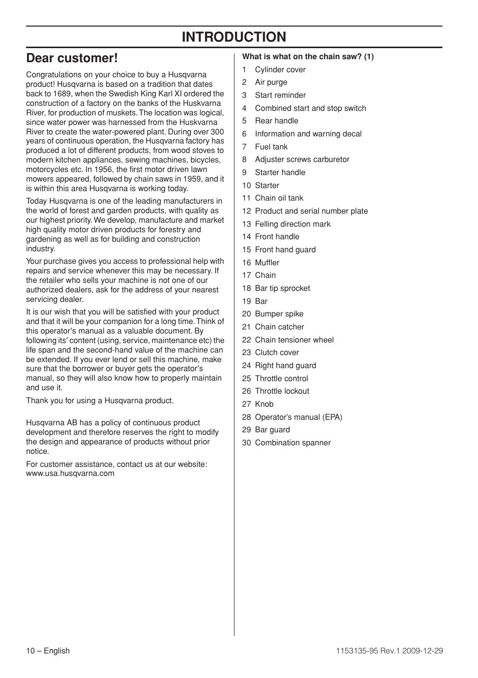 Dear customer, Intr oduction | Husqvarna 435 User Manual | Page 10 / 36