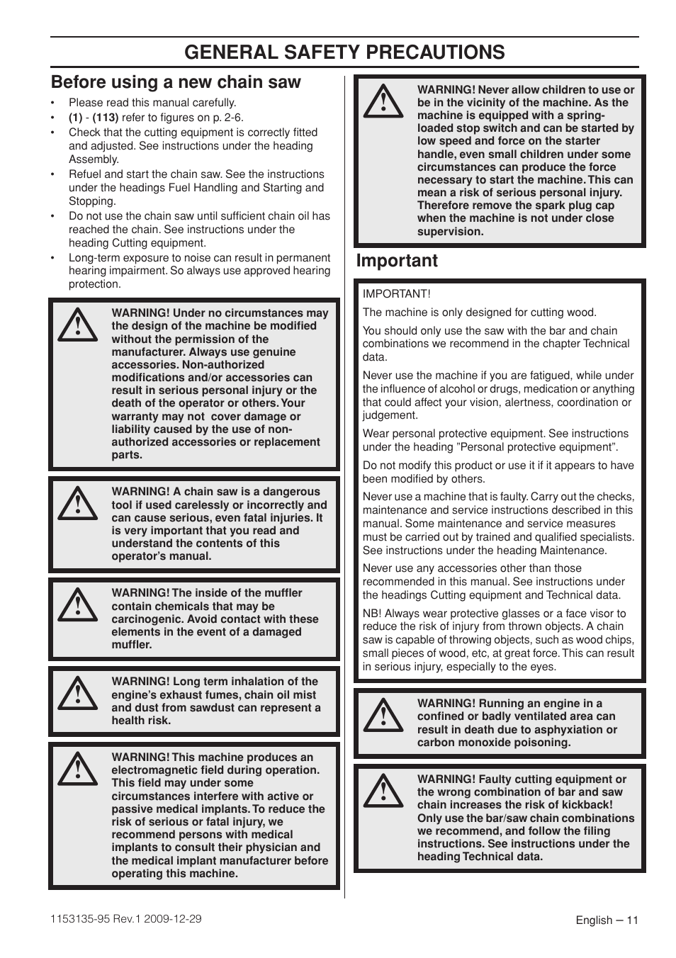 Before using a new chain saw, Important, General safety preca utions | Bef ore using a new chain saw | Husqvarna 435 User Manual | Page 11 / 36