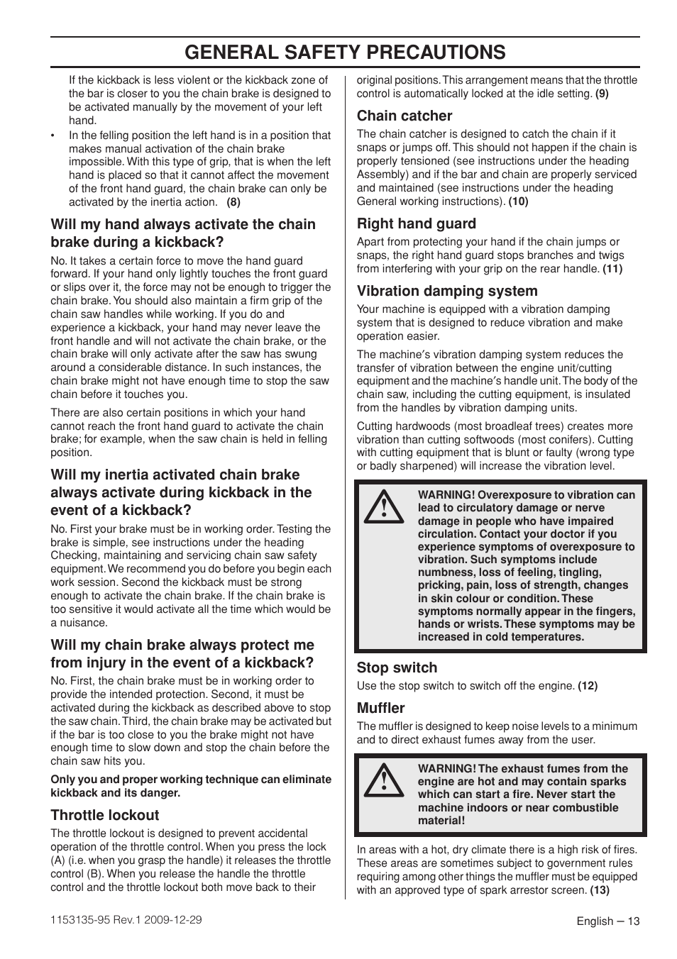 Throttle lockout, Chain catcher, Right hand guard | Vibration damping system, Stop switch, Muffler, General safety precautions | Husqvarna 435 User Manual | Page 13 / 36
