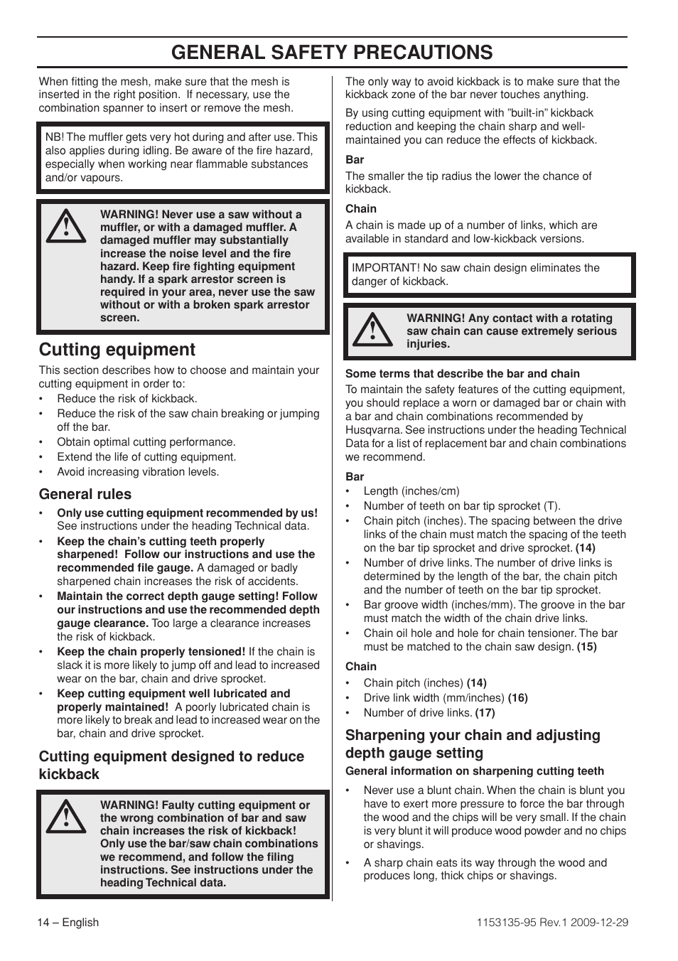 Cutting equipment, General rules, Cutting equipment designed to reduce kickback | General safety precautions | Husqvarna 435 User Manual | Page 14 / 36