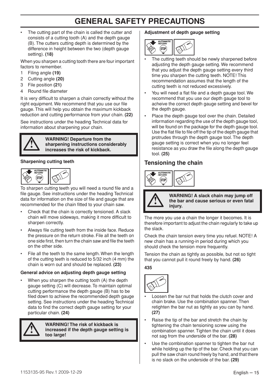 Tensioning the chain, General safety precautions | Husqvarna 435 User Manual | Page 15 / 36