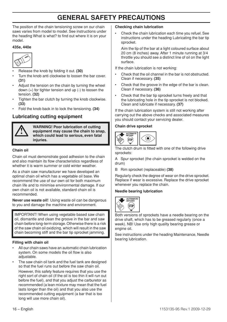 Lubricating cutting equipment, General safety precautions | Husqvarna 435 User Manual | Page 16 / 36