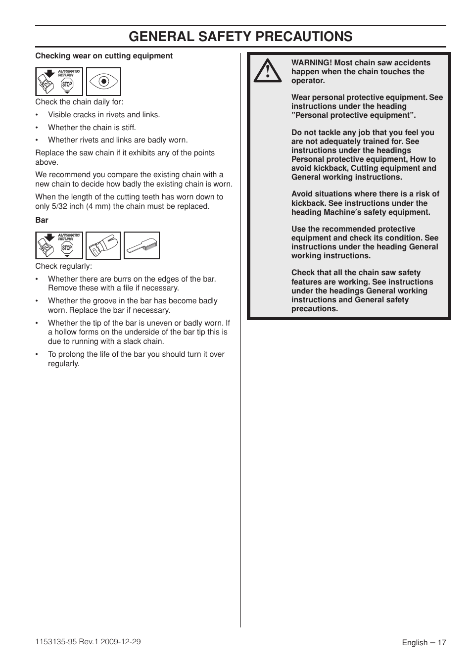General safety precautions | Husqvarna 435 User Manual | Page 17 / 36