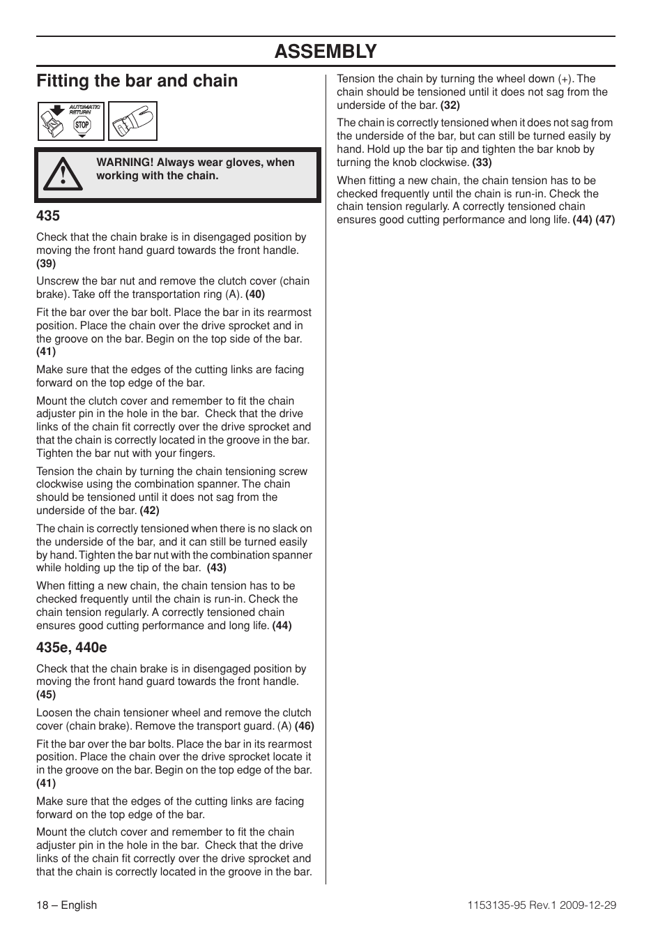 Fitting the bar and chain, 435e, 440e, Assembly | Husqvarna 435 User Manual | Page 18 / 36