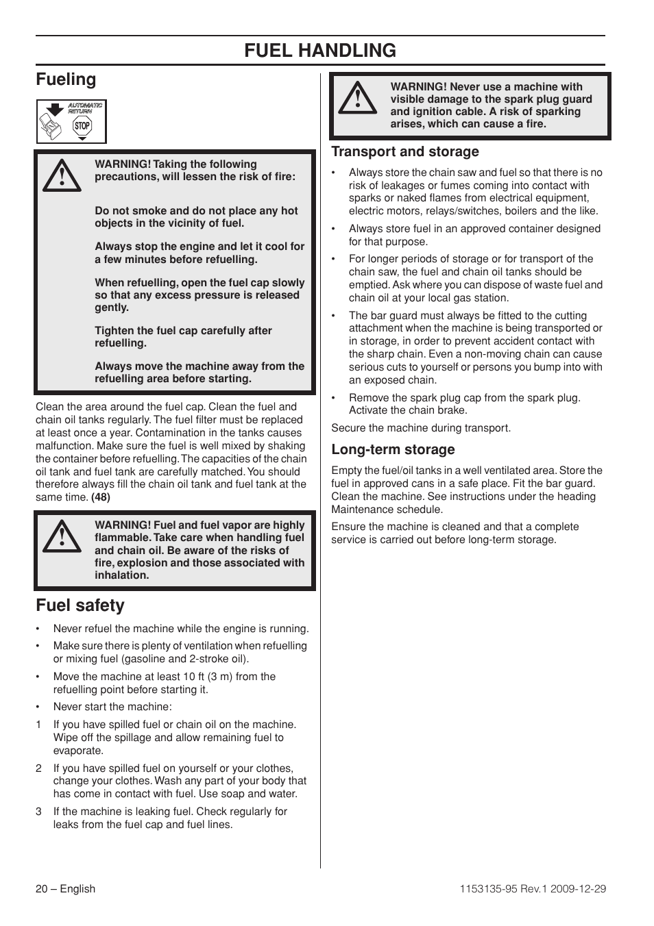 Fueling, Fuel safety, Transport and storage | Long-term storage, Fuel handling | Husqvarna 435 User Manual | Page 20 / 36