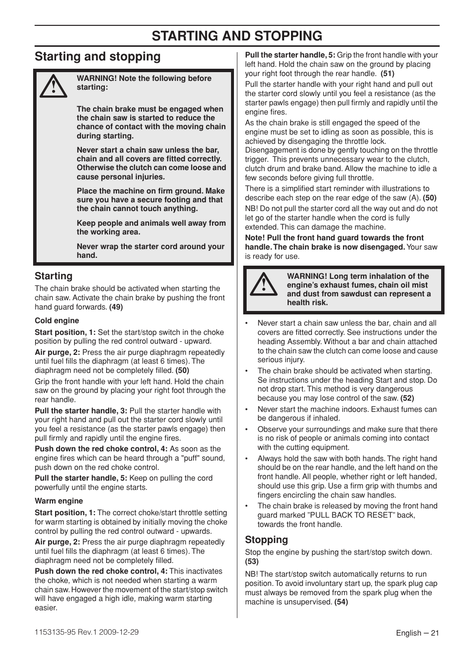 Starting and stopping, Starting, Stopping | Husqvarna 435 User Manual | Page 21 / 36