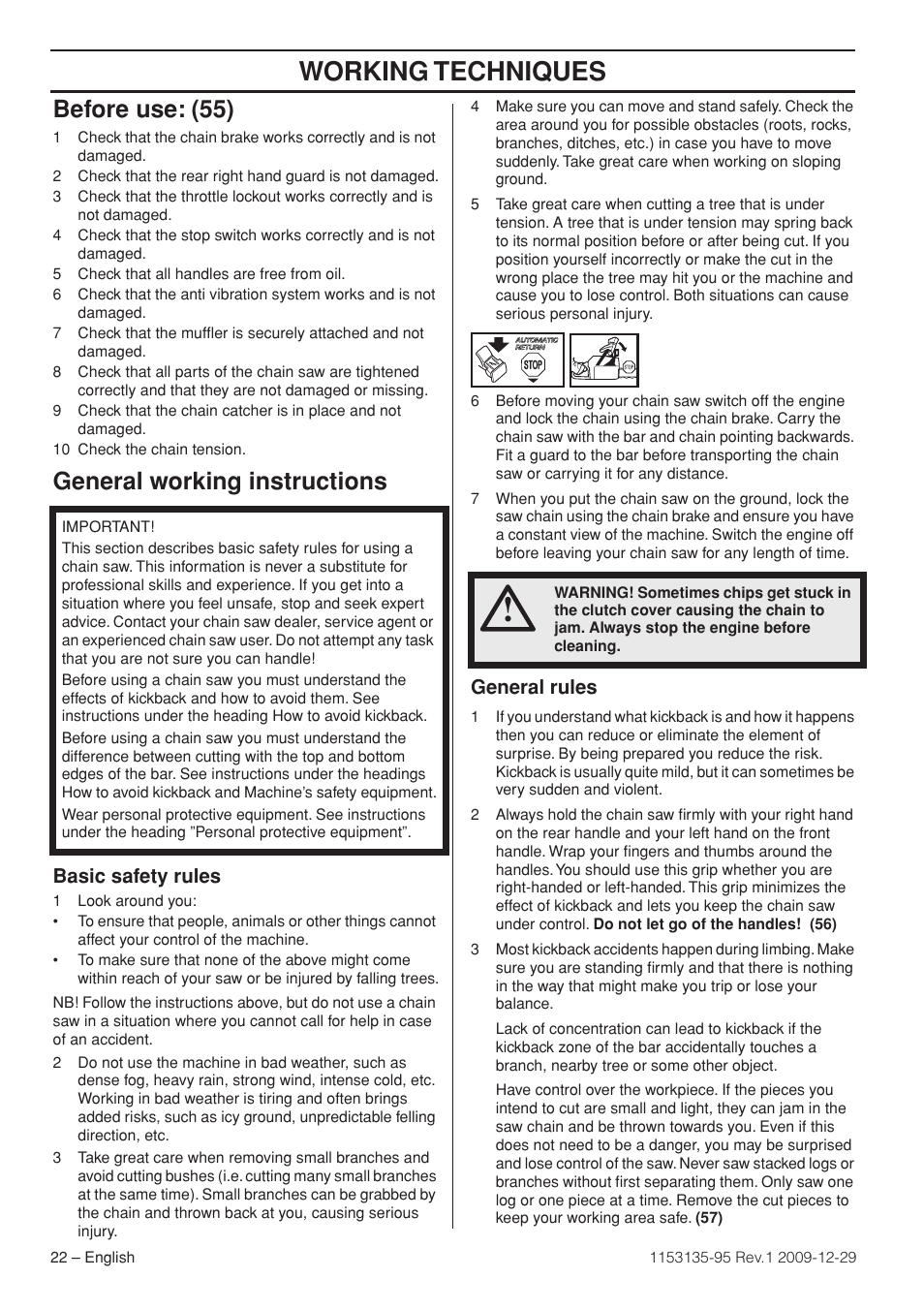 Before use: (55), General working instructions, Basic safety rules | General rules, Working techniques | Husqvarna 435 User Manual | Page 22 / 36