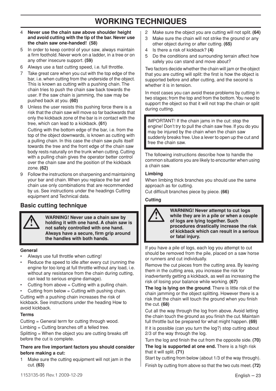 Basic cutting technique, Working techniques | Husqvarna 435 User Manual | Page 23 / 36