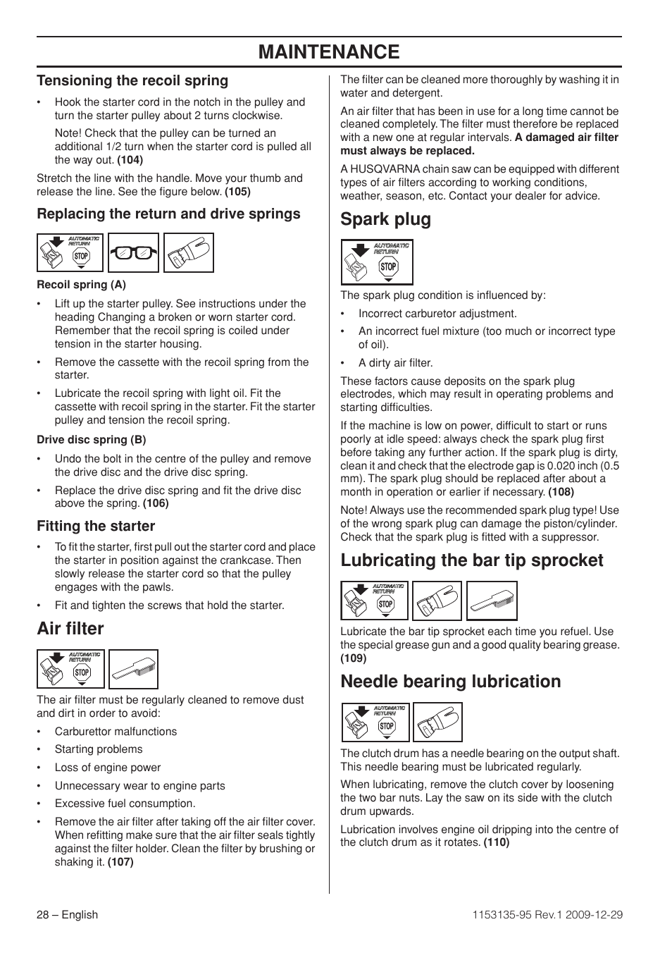 Tensioning the recoil spring, Replacing the return and drive springs, Fitting the starter | Air filter, Spark plug, Lubricating the bar tip sprocket, Needle bearing lubrication, Maintenance | Husqvarna 435 User Manual | Page 28 / 36