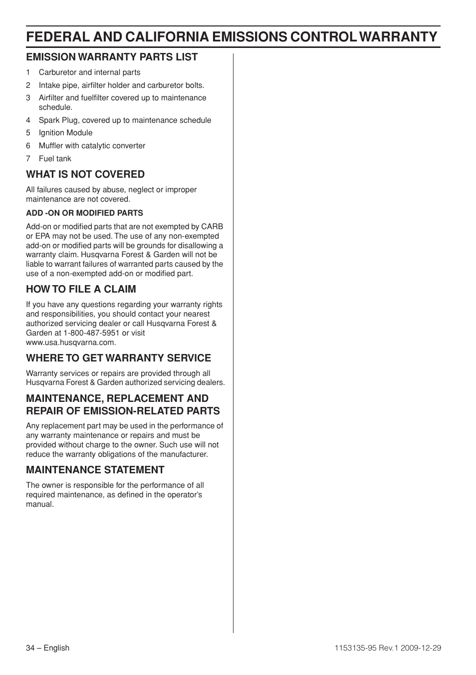 Emission warranty parts list, What is not covered, How to file a claim | Where to get warranty service, Maintenance statement, Federal and california emissions control warranty | Husqvarna 435 User Manual | Page 34 / 36