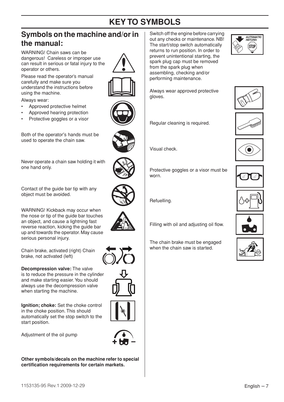Symbols on the machine and/or in the manual, Key t o symbols, Symbols on the mac hine and/or in the manual | Husqvarna 435 User Manual | Page 7 / 36