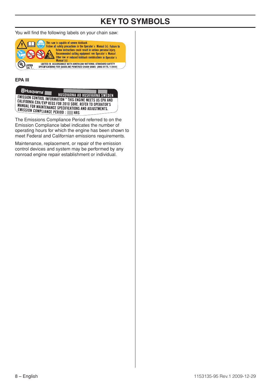 Key t o symbols | Husqvarna 435 User Manual | Page 8 / 36