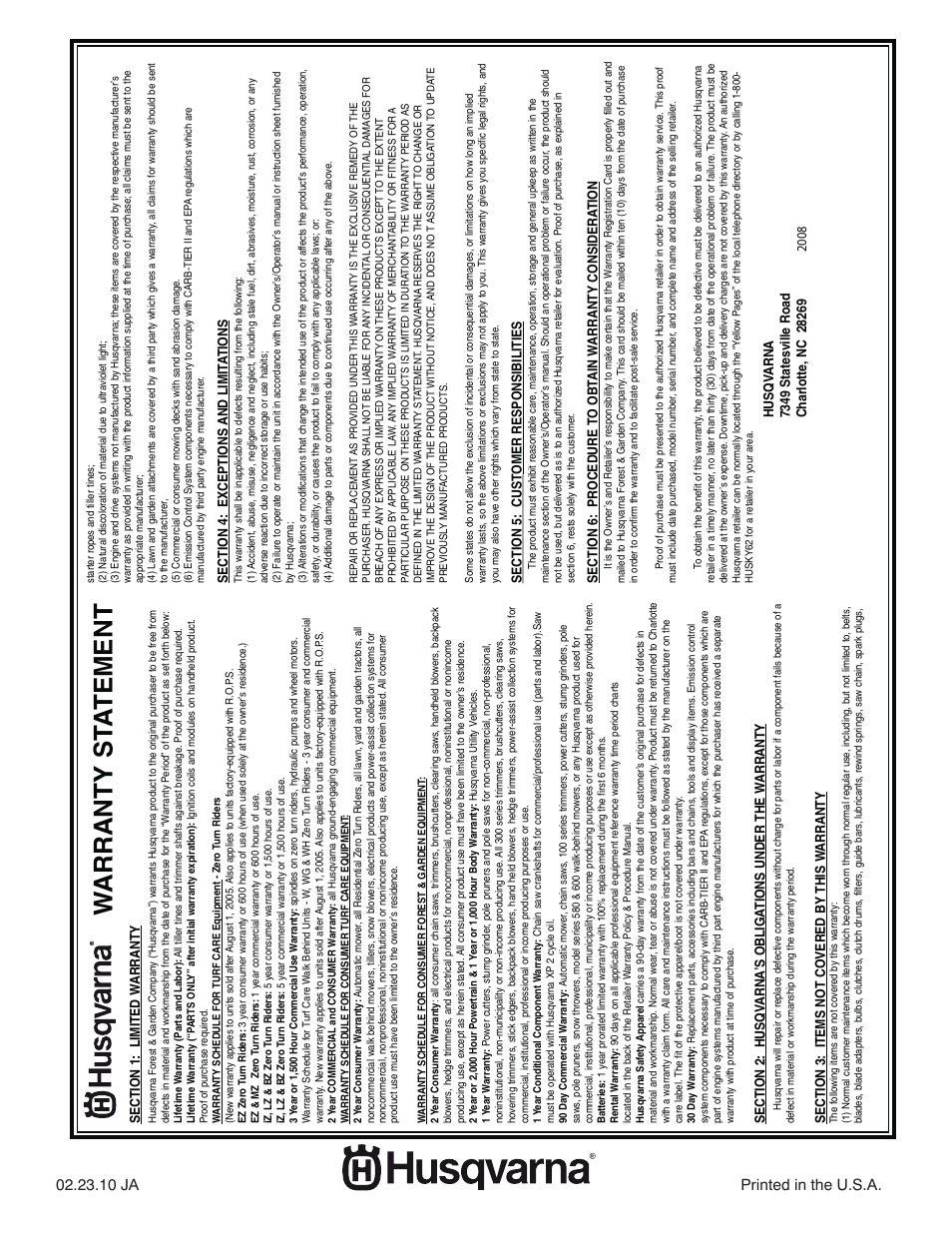 Warranty st a tement, 10 ja printed in the u.s.a | Husqvarna 96045002200 User Manual | Page 32 / 32