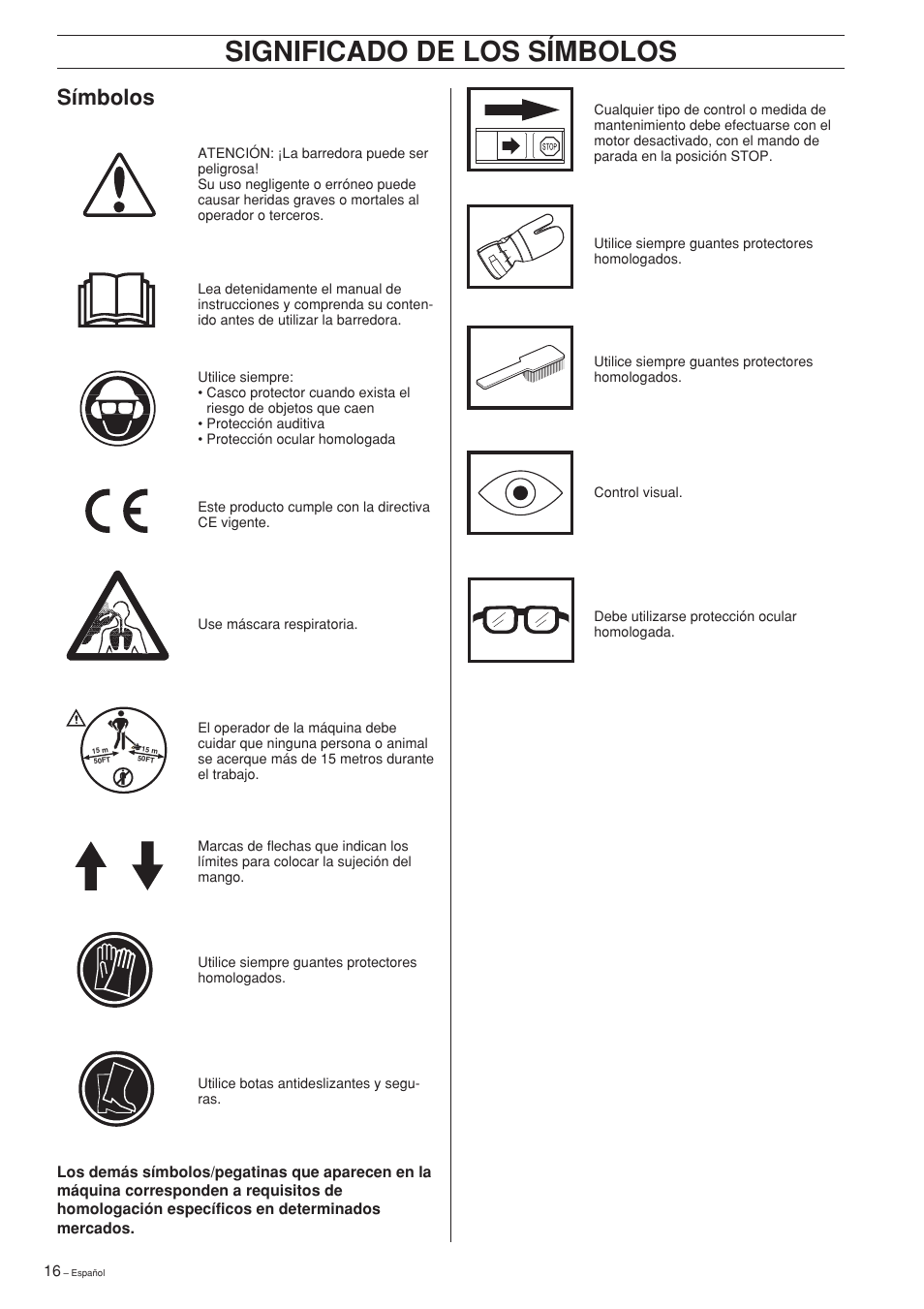 Español, Significado de los símbolos, Símbolos | Husqvarna SR600 User Manual | Page 16 / 24