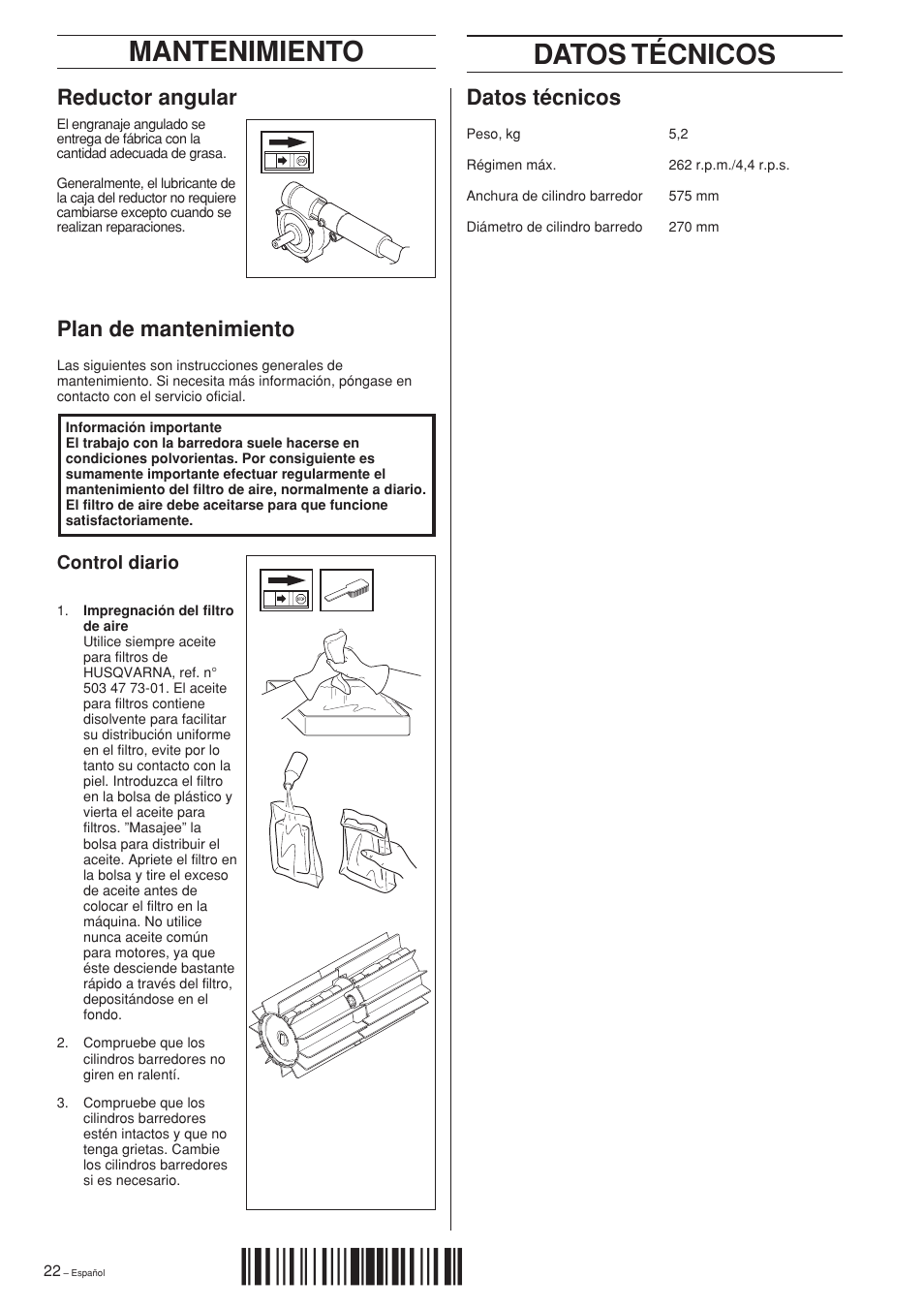 Mantenimiento, Datos técnicos, H(r¶0 | Reductor angular plan de mantenimiento | Husqvarna SR600 User Manual | Page 22 / 24