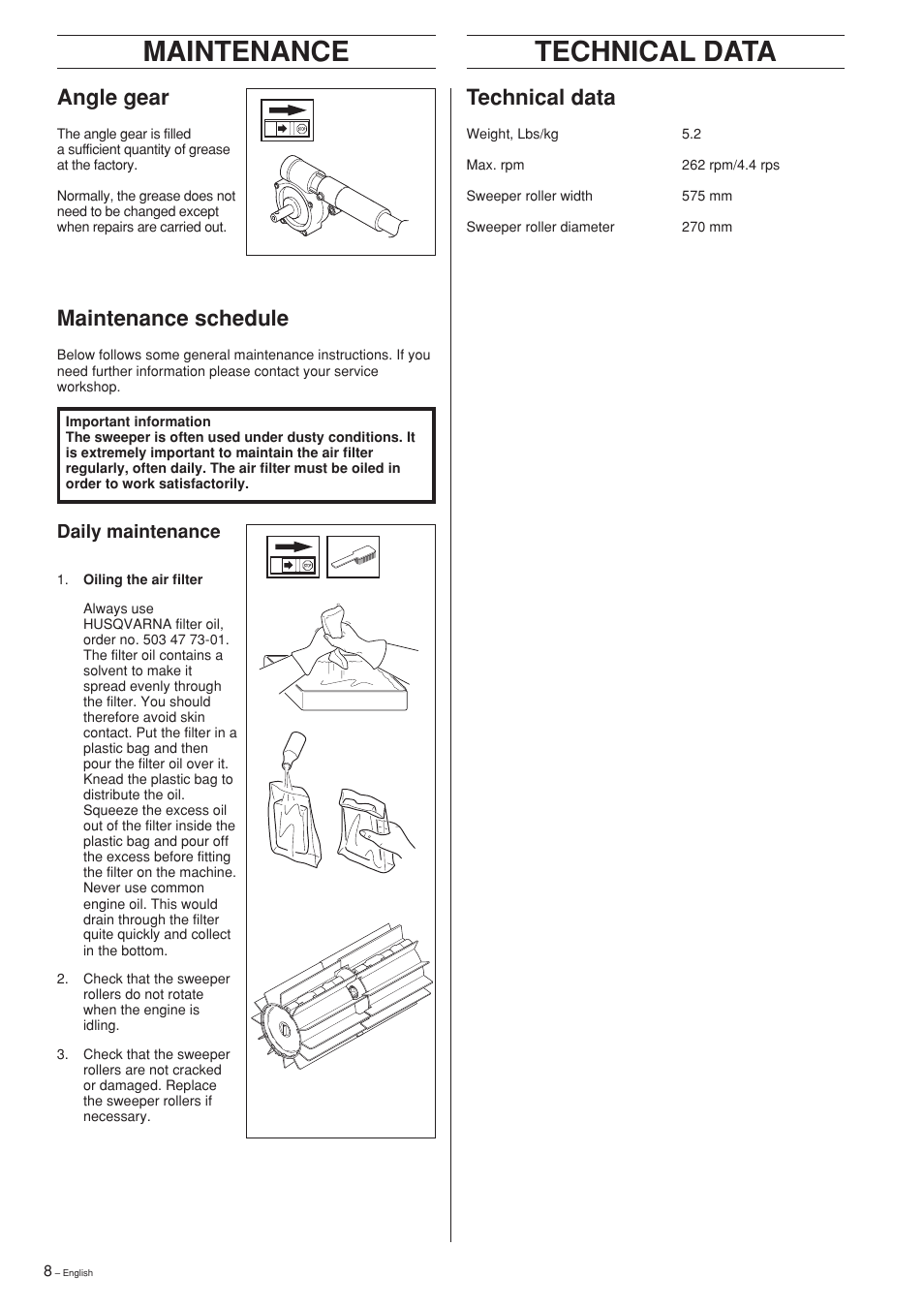 Maintenance, Technical data, Angle gear | Maintenance schedule | Husqvarna SR600 User Manual | Page 8 / 24