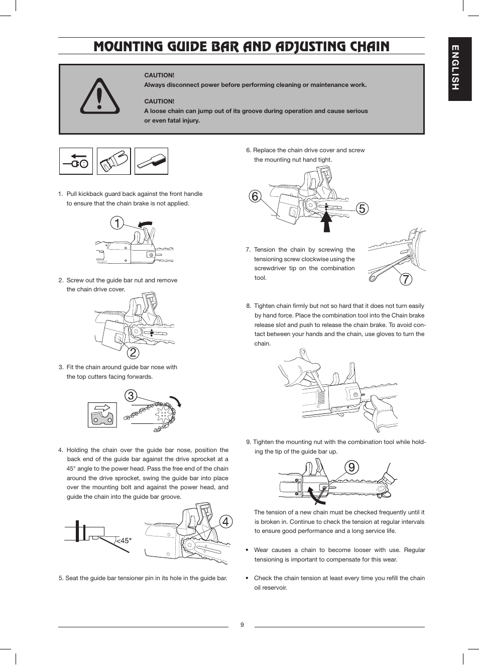 Mounting guide bar and adjusting chain, En g l is h | Husqvarna 317 EL User Manual | Page 10 / 16