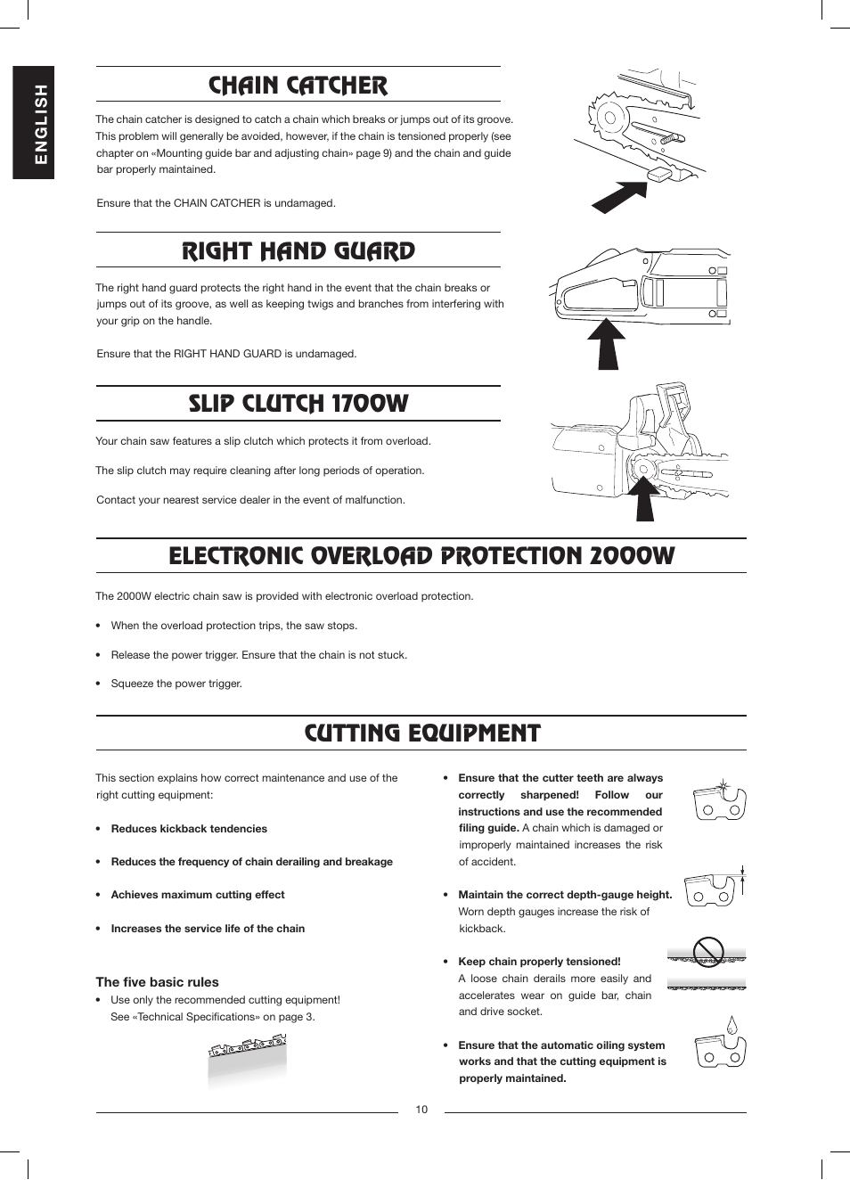 Chain catcher, Right hand guard, Slip clutch 1700w | Electronic overload protection 2000w, Cutting equipment | Husqvarna 317 EL User Manual | Page 11 / 16