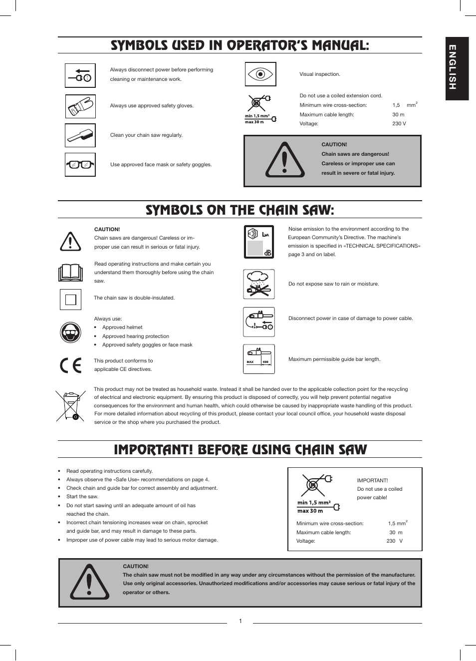 Symbols used in operator’s manual, Symbols on the chain saw, Important! before using chain saw | En g l is h | Husqvarna 317 EL User Manual | Page 2 / 16
