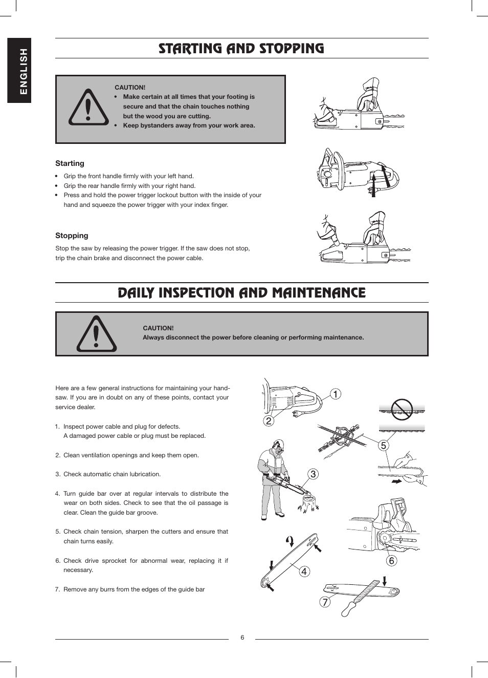 Starting and stopping, Daily inspection and maintenance | Husqvarna 317 EL User Manual | Page 7 / 16