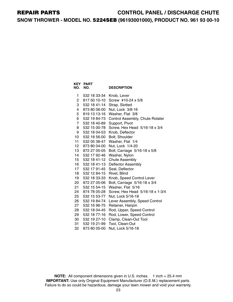 Parts list, Repair parts control panel / discharge chute | Husqvarna 5524SEB User Manual | Page 23 / 32