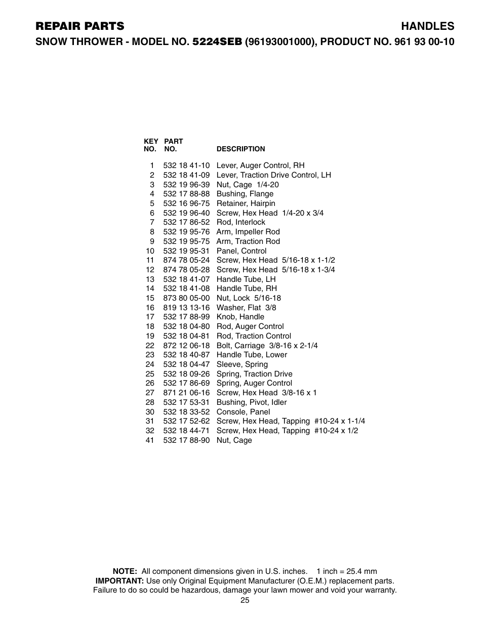 Parts list, Repair parts handles | Husqvarna 5524SEB User Manual | Page 25 / 32