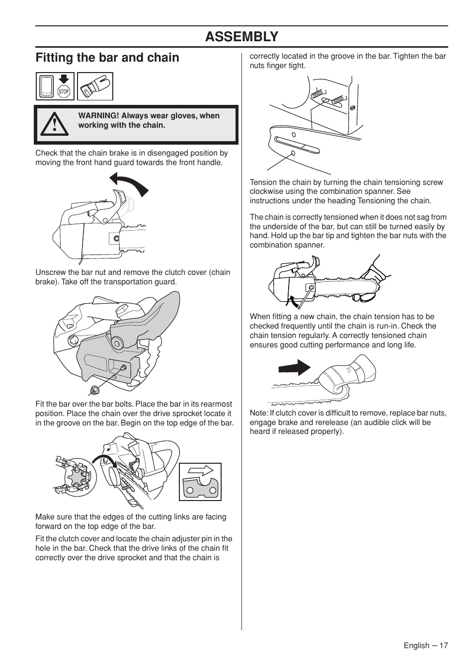 Assembly, Fitting the bar and chain | Husqvarna T435 User Manual | Page 17 / 132