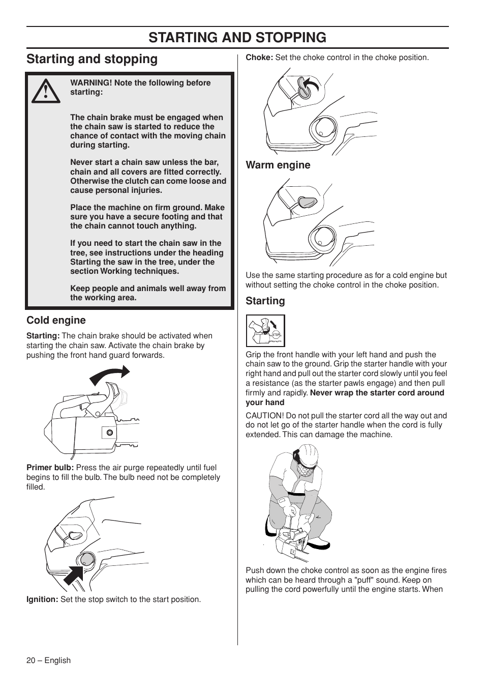 Starting and stopping | Husqvarna T435 User Manual | Page 20 / 132