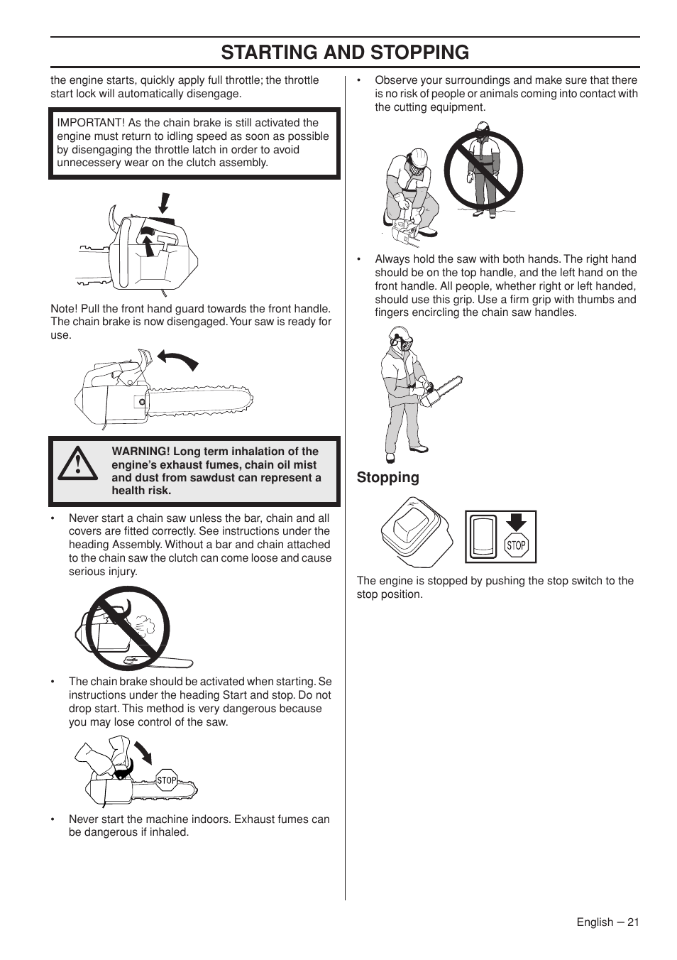Starting and stopping | Husqvarna T435 User Manual | Page 21 / 132