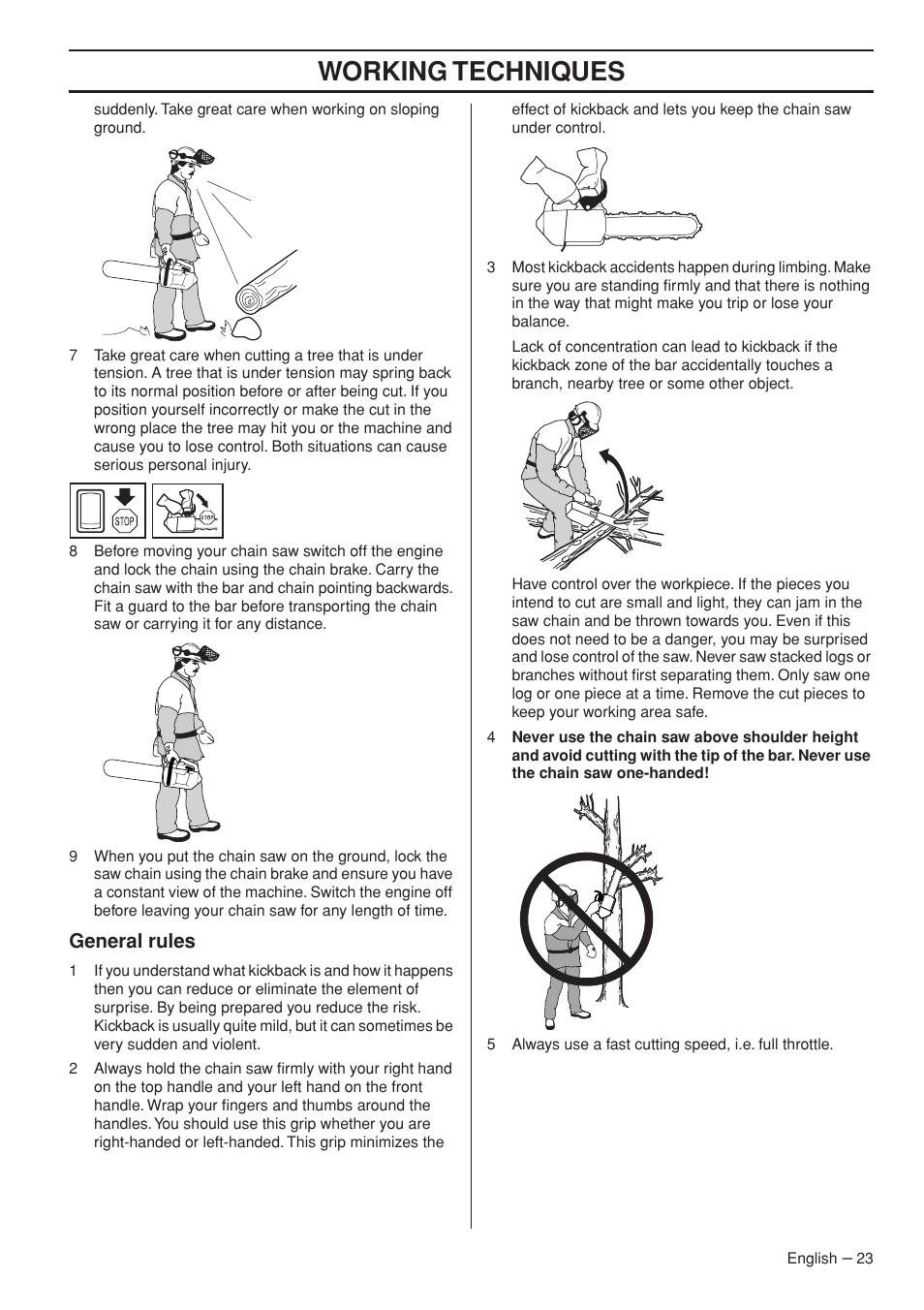 Working techniques, General rules | Husqvarna T435 User Manual | Page 23 / 132