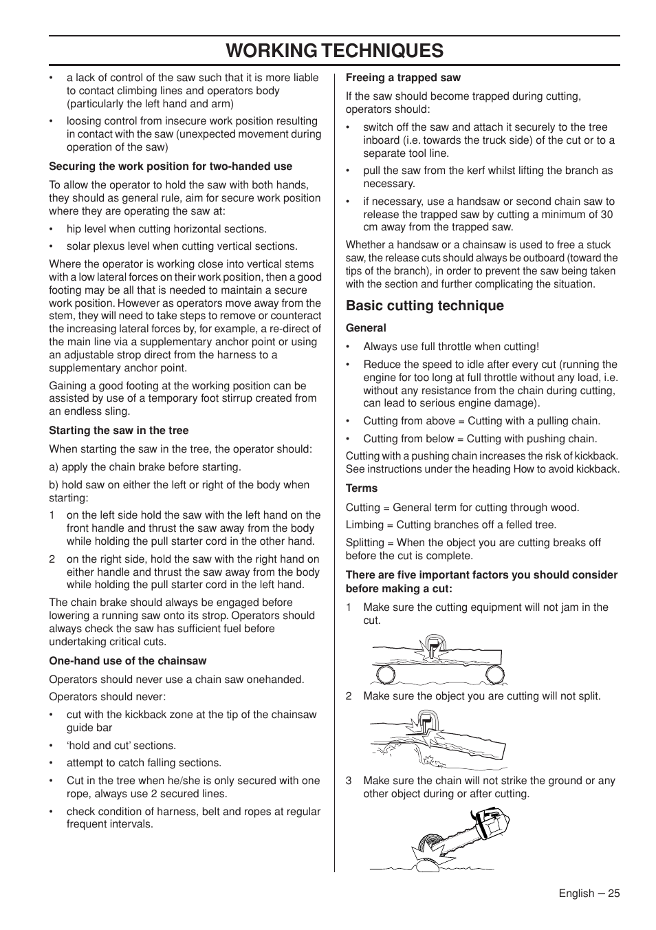 Working techniques, Basic cutting technique | Husqvarna T435 User Manual | Page 25 / 132