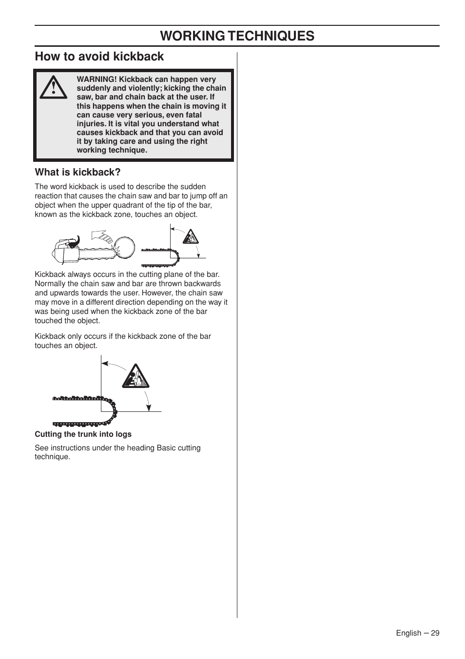 Working techniques, How to avoid kickback | Husqvarna T435 User Manual | Page 29 / 132