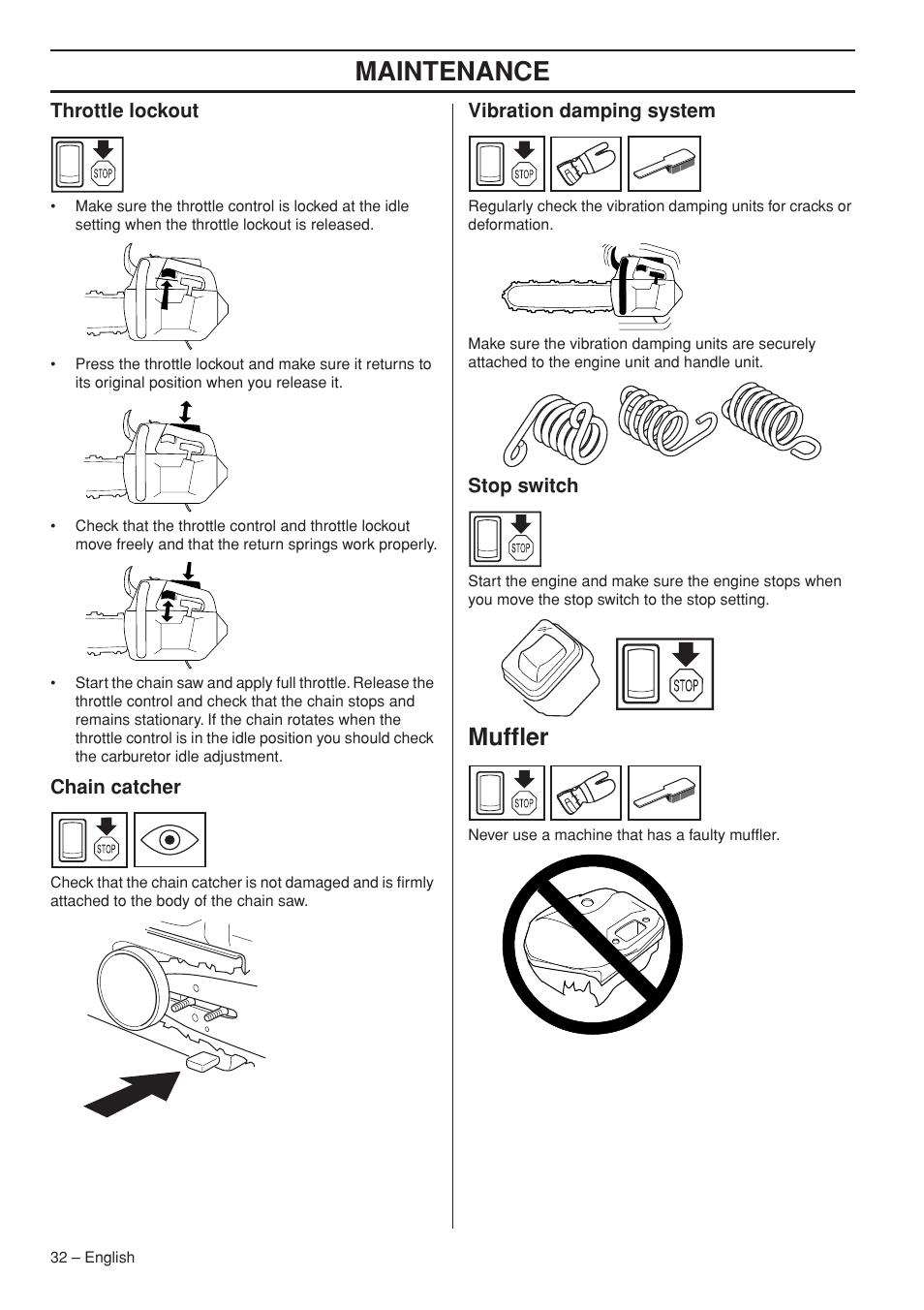 Maintenance, Muffler | Husqvarna T435 User Manual | Page 32 / 132
