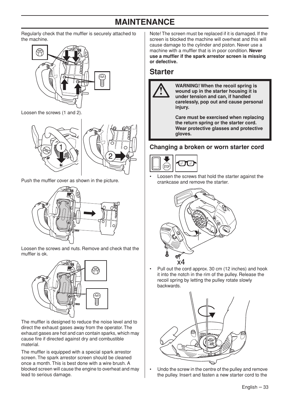 Maintenance, Starter | Husqvarna T435 User Manual | Page 33 / 132