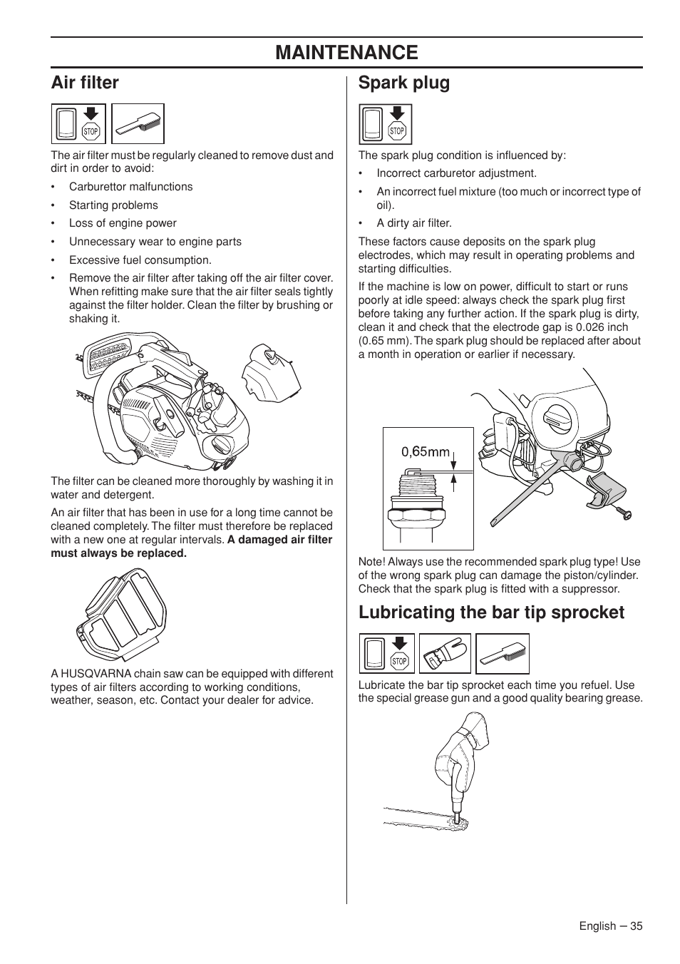 Maintenance, Air filter, Spark plug | Lubricating the bar tip sprocket | Husqvarna T435 User Manual | Page 35 / 132