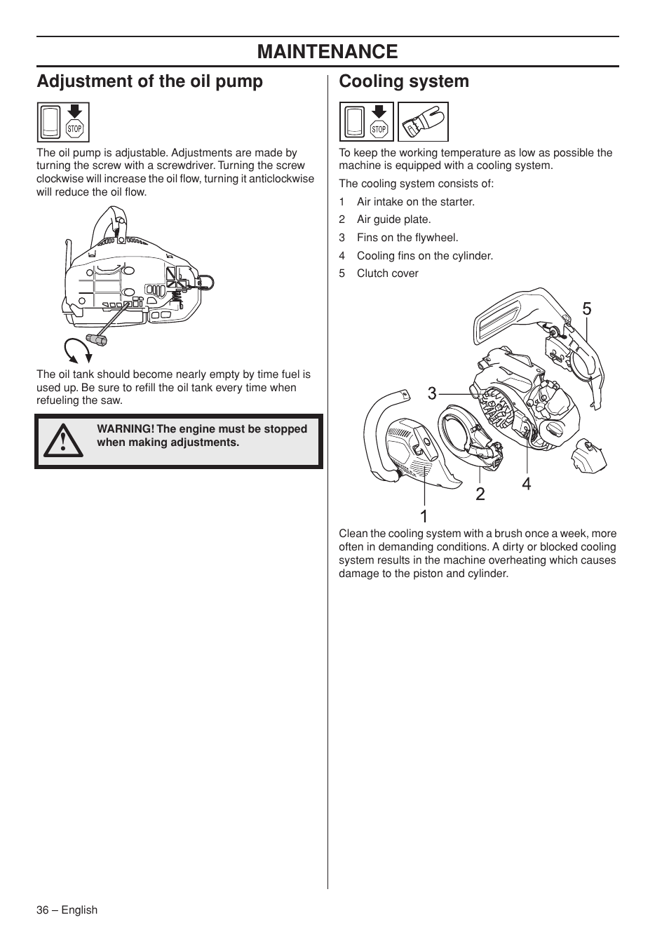 Maintenance, Adjustment of the oil pump, Cooling system | Husqvarna T435 User Manual | Page 36 / 132