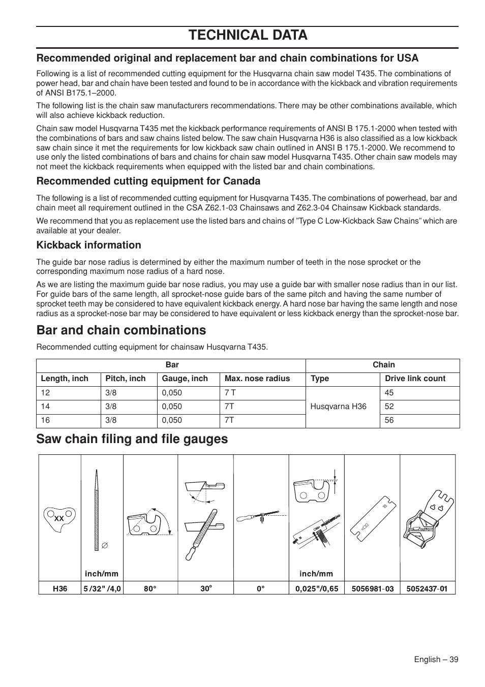 Maintenance, Technical data, Bar and chain combinations | Saw chain filing and file gauges, Recommended cutting equipment for canada, Kickback information | Husqvarna T435 User Manual | Page 39 / 132