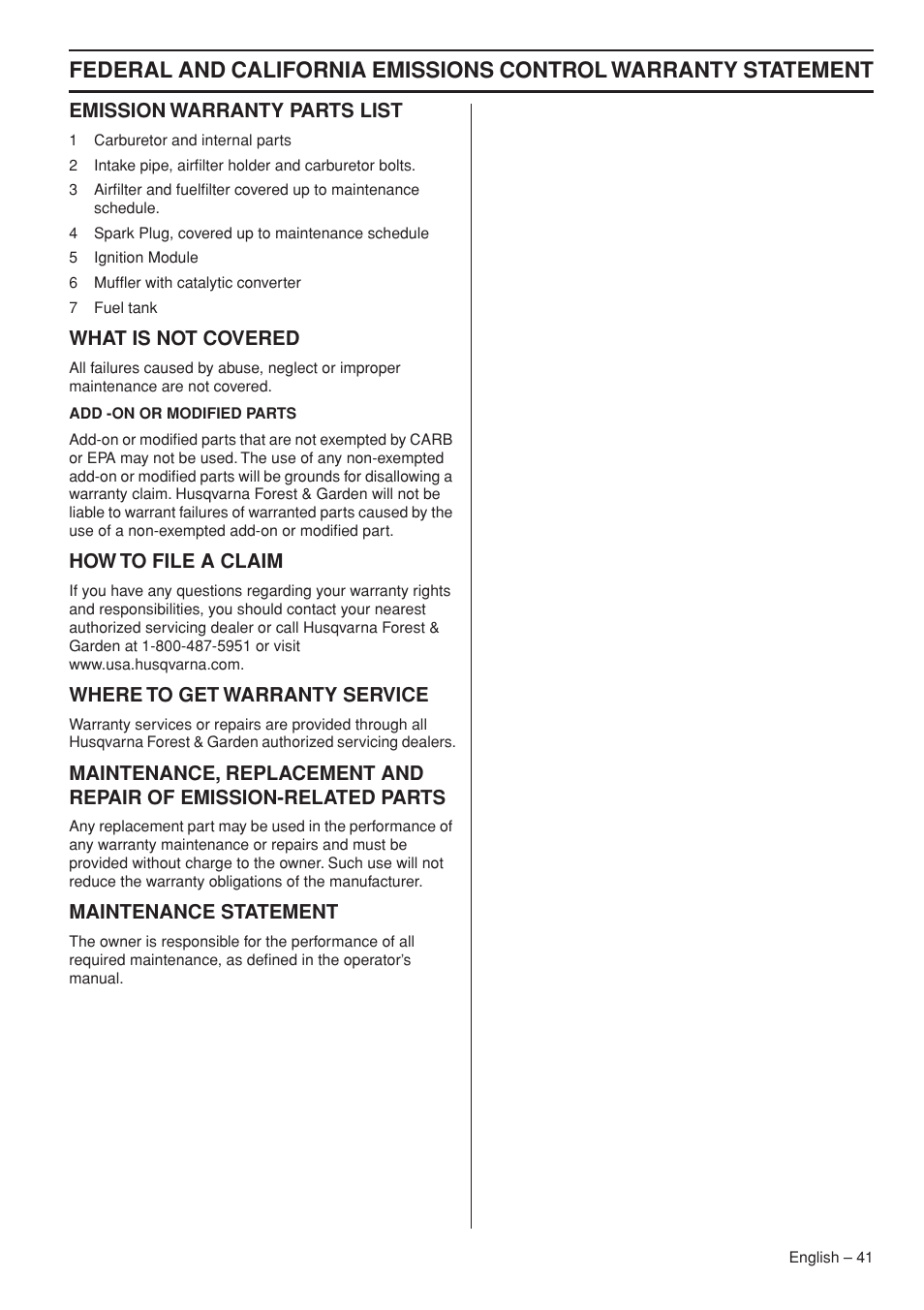 Emission warranty parts list, What is not covered, How to file a claim | Where to get warranty service, Maintenance statement | Husqvarna T435 User Manual | Page 41 / 132