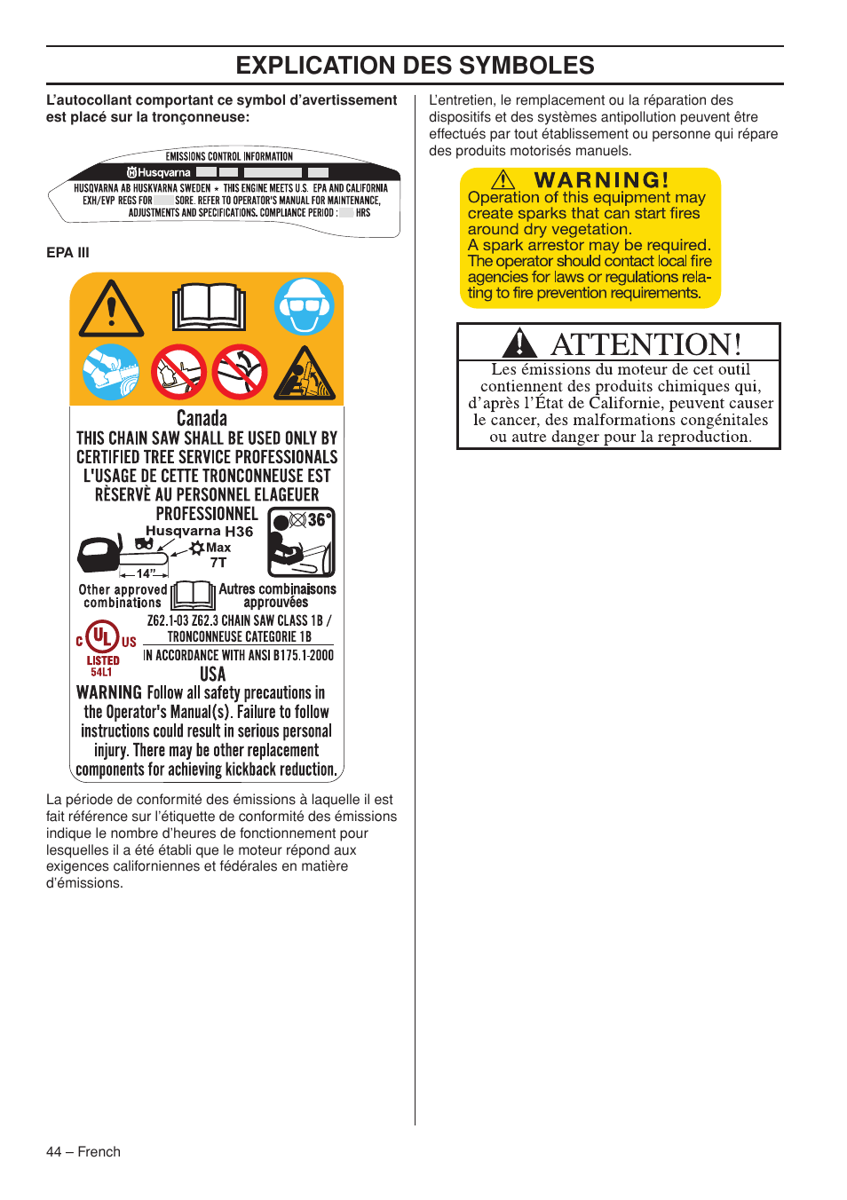 Explication des symboles | Husqvarna T435 User Manual | Page 44 / 132
