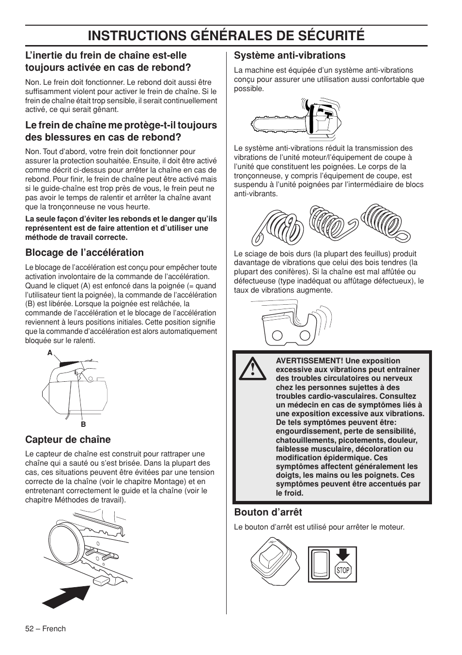 Instructions générales de sécurité | Husqvarna T435 User Manual | Page 52 / 132