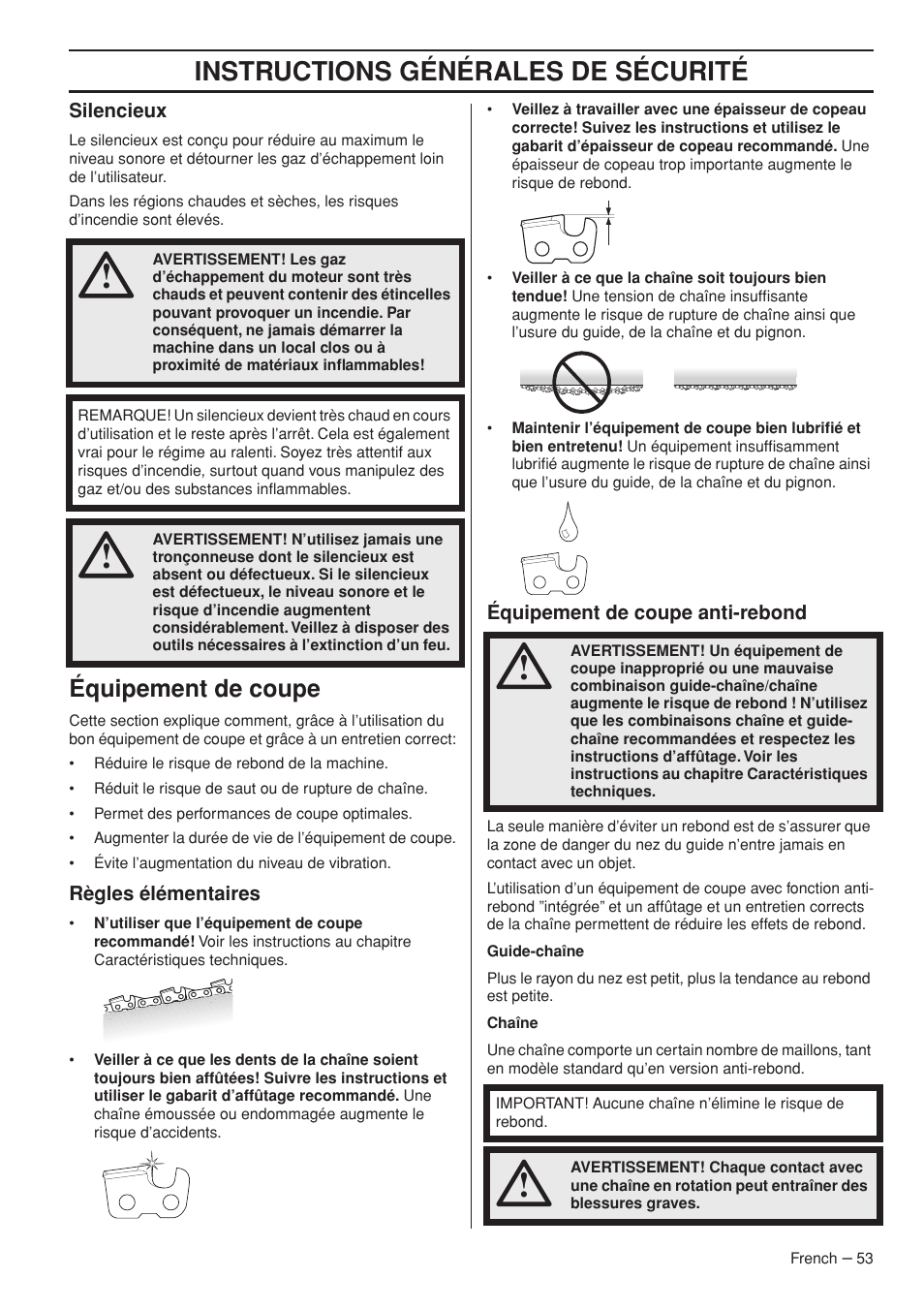 Instructions générales de sécurité, Équipement de coupe | Husqvarna T435 User Manual | Page 53 / 132