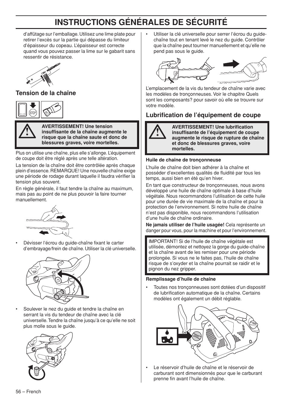 Instructions générales de sécurité | Husqvarna T435 User Manual | Page 56 / 132